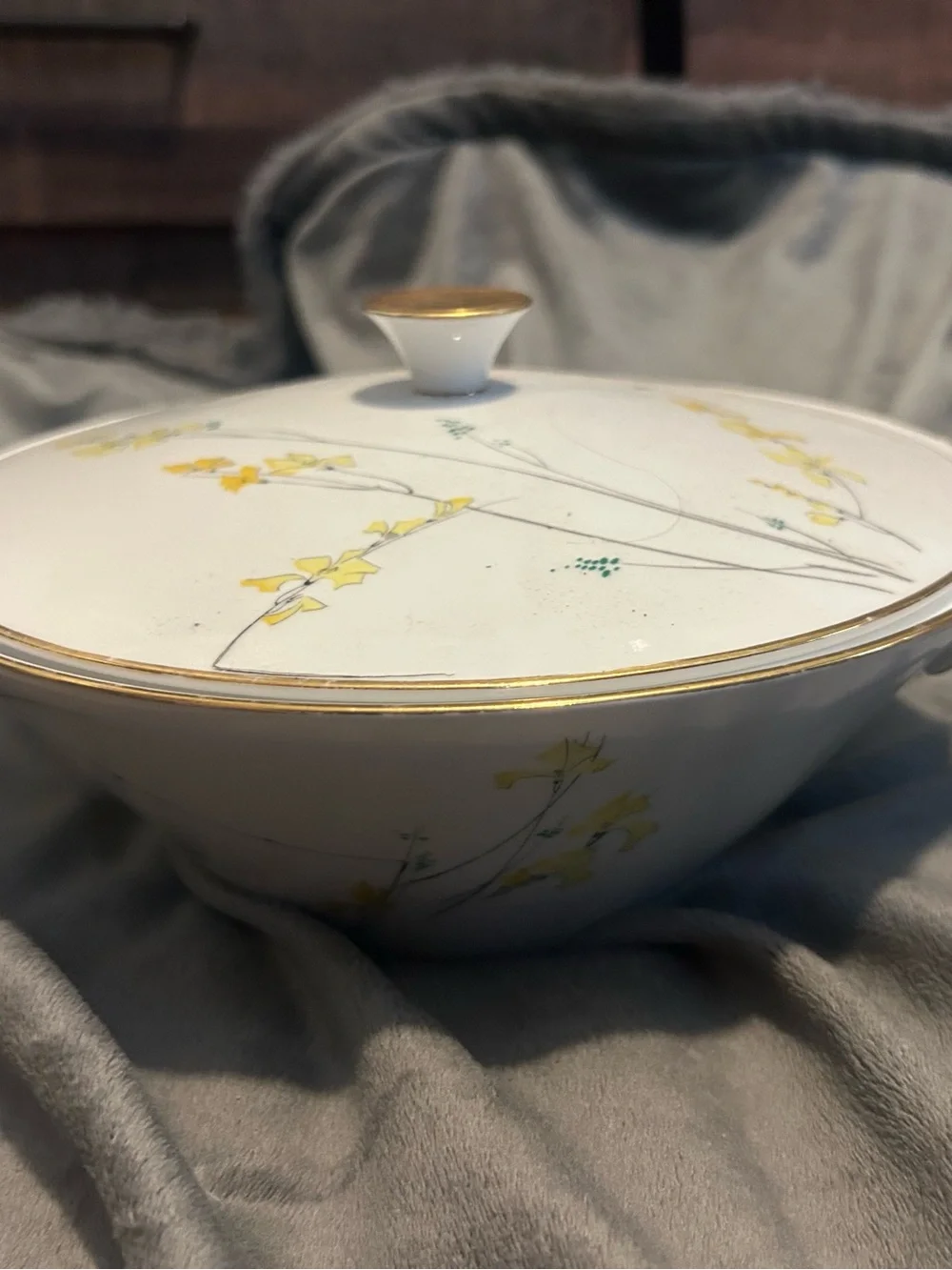 Porcelain Lidded Serving Bowl with Gold Trim and Yellow Floral Motif